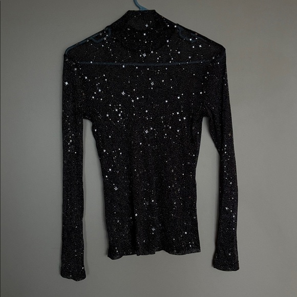 MangoPop Sheer Star Print Mock Neck Top Black Size M - Picture 4 of 6
